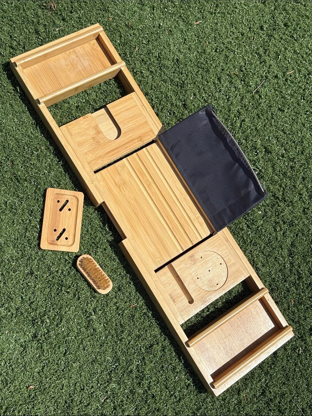 Bamboo Wood Adjustable Bathtub Caddy Tray With Book, Cellphone & Wine Holders